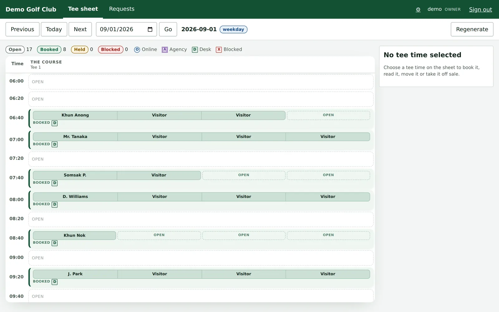Tee sheet booking administration screen with a day of reservations